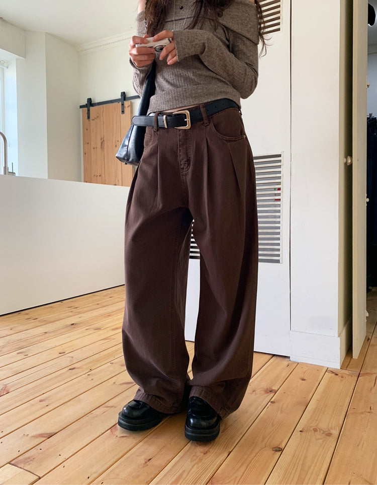 復古美色雙壓褶垂感闊褲(附皮帶)