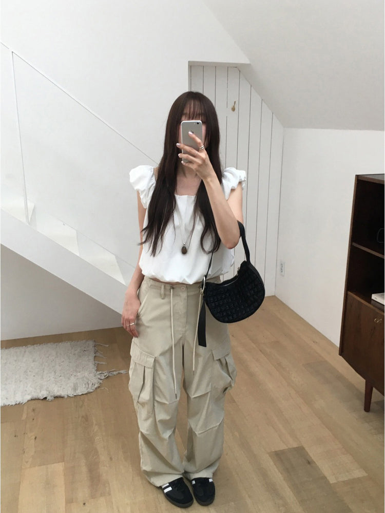 泡泡袖美背系帶上衣