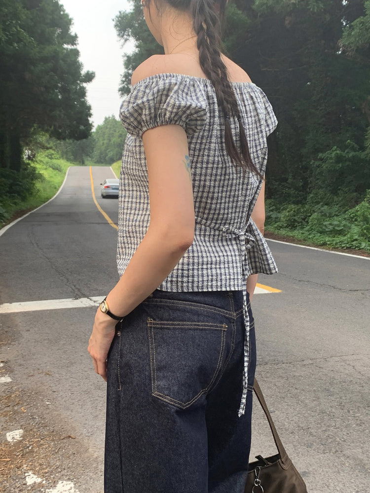 皺皺格紋綁帶細節上衣