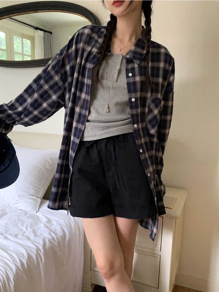 輕薄格紋寬鬆襯衫