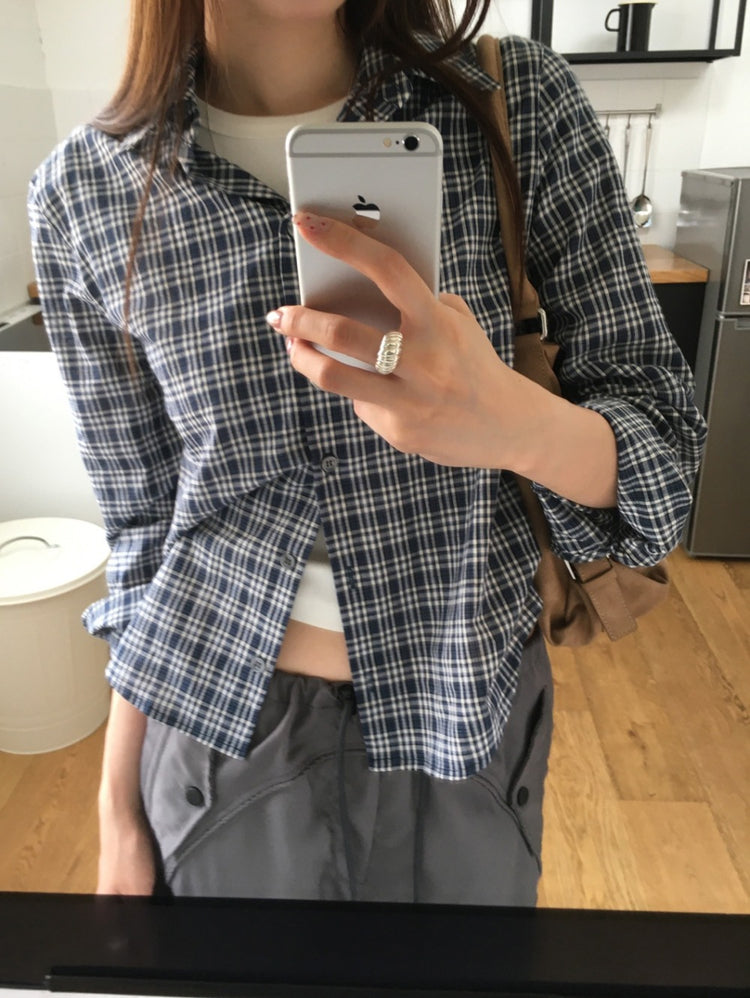 撞色格紋合身襯衫