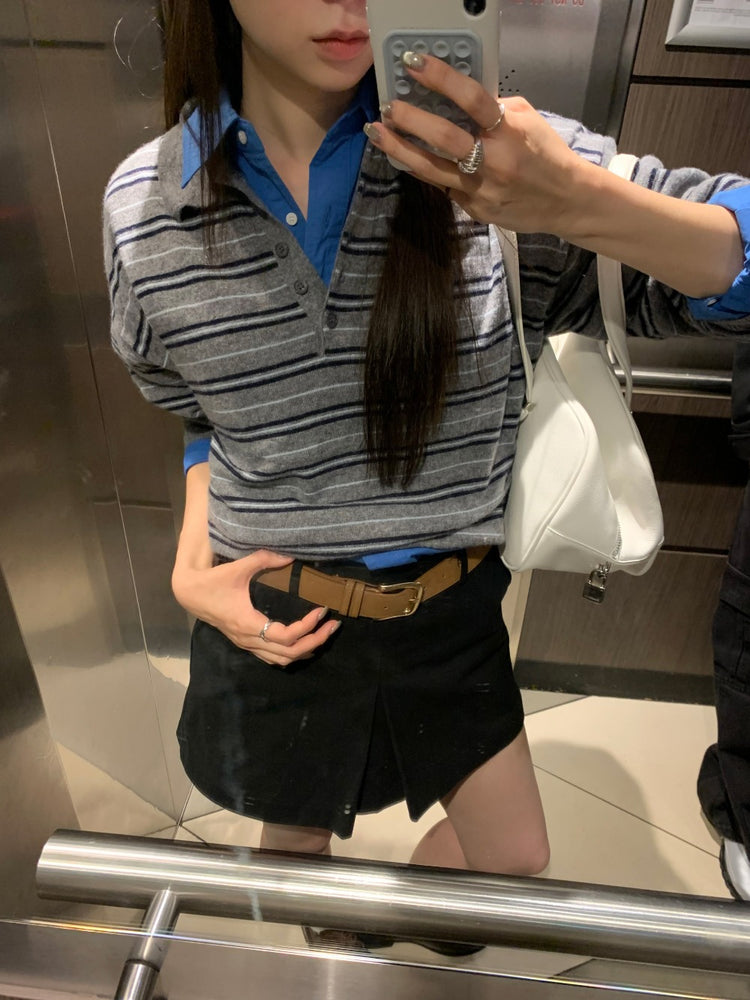翻領撞色條紋針織上衣