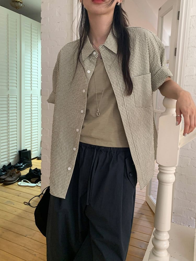 泡泡格紋翻領短袖襯衫