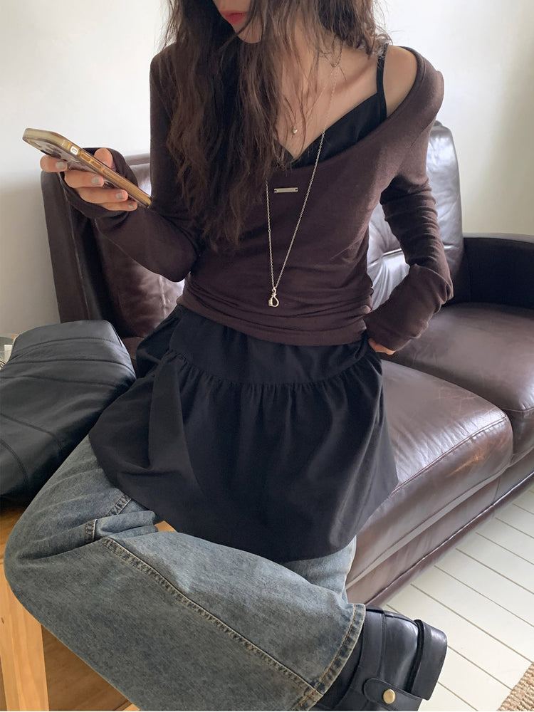 V領抽皺細節層次連身裙