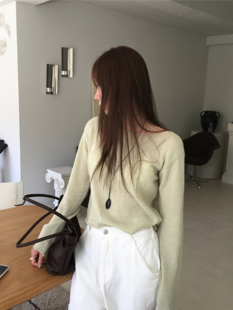 美色船領卷邊細節針織上衣