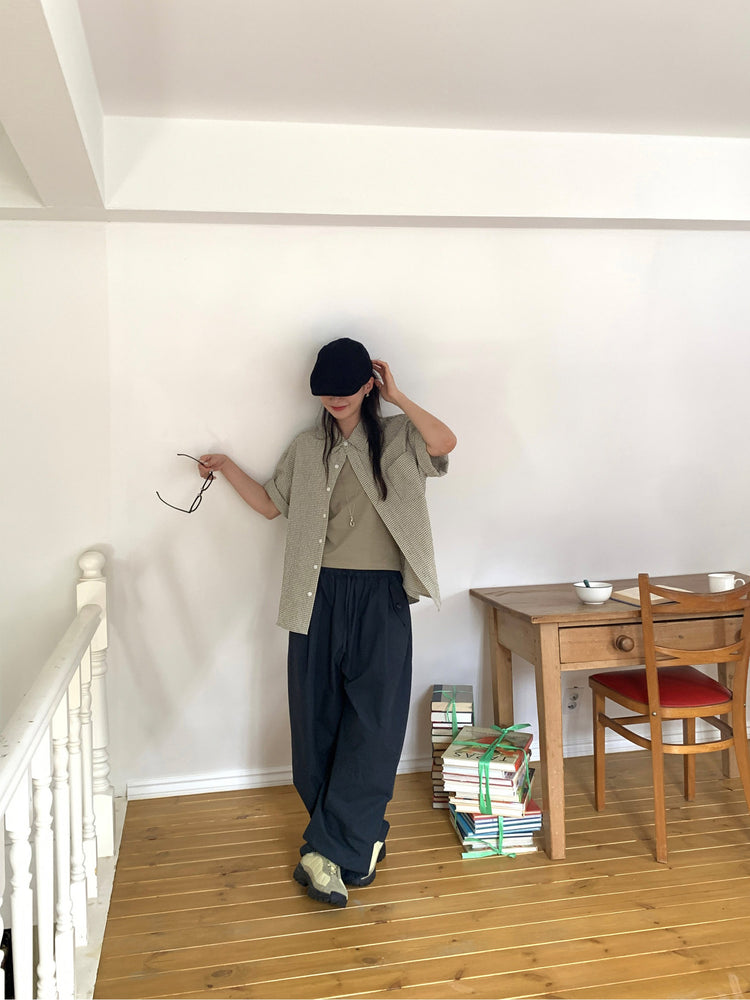 泡泡格紋翻領短袖襯衫