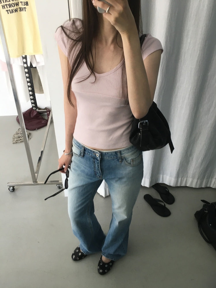撞色腰頭低腰喇叭牛仔褲