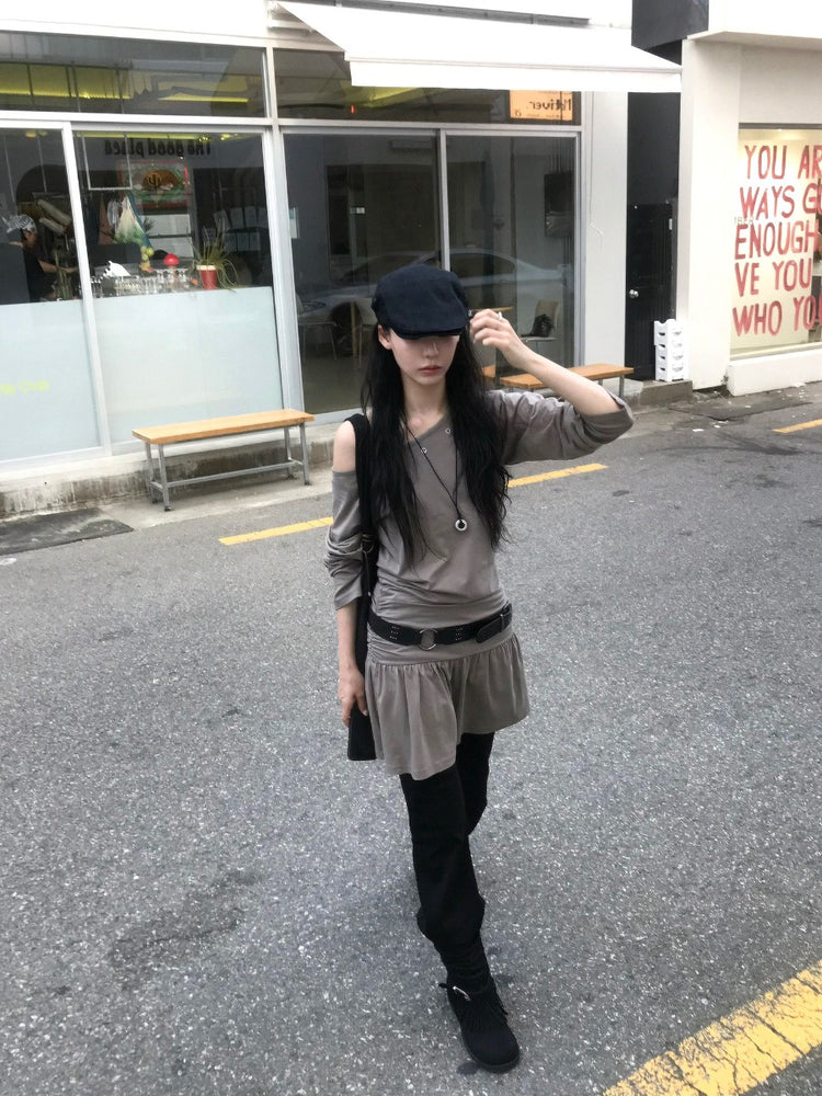 鉚釘扣細節美肩抓皺修腰連身裙