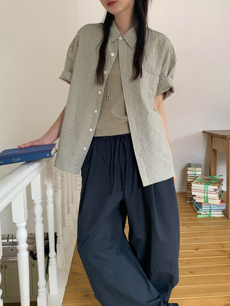 泡泡格紋翻領短袖襯衫