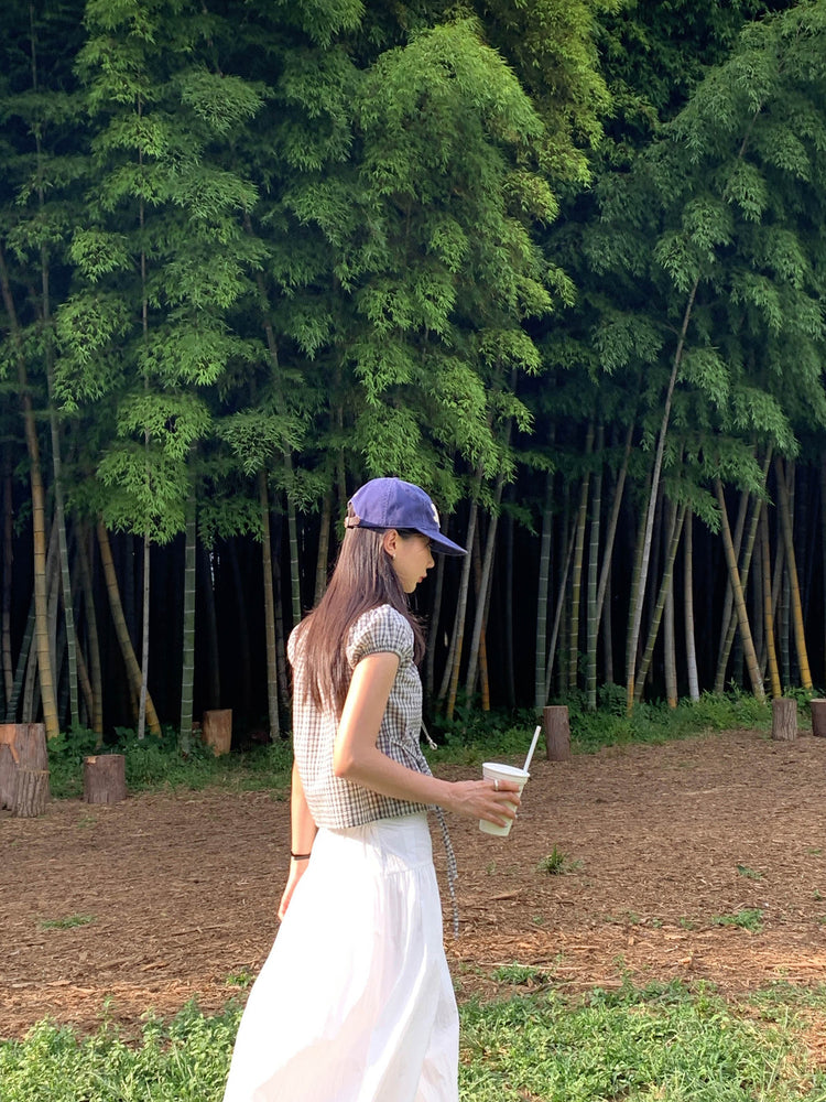 皺皺格紋綁帶細節上衣
