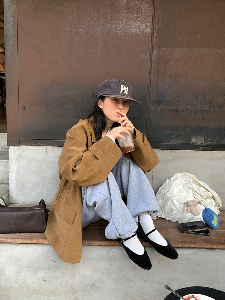 麂皮翻領抽繩細節中長外套