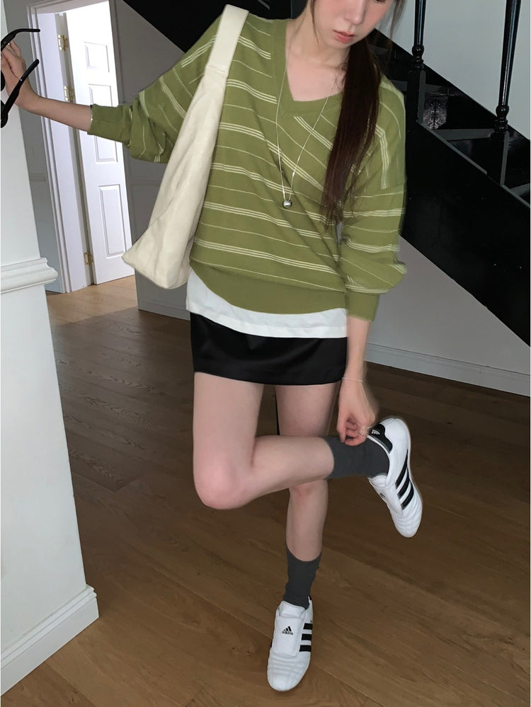 美色V領條紋針織衫