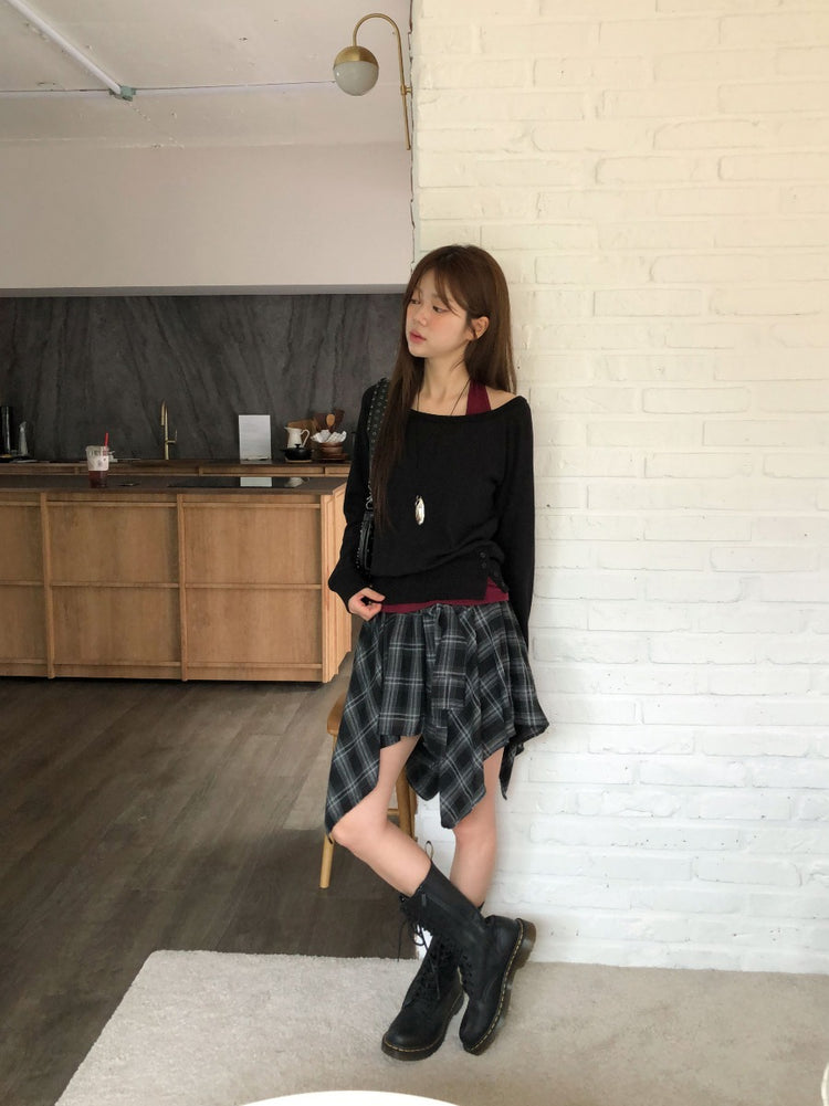 窩夫紋理美肩掛脖套裝