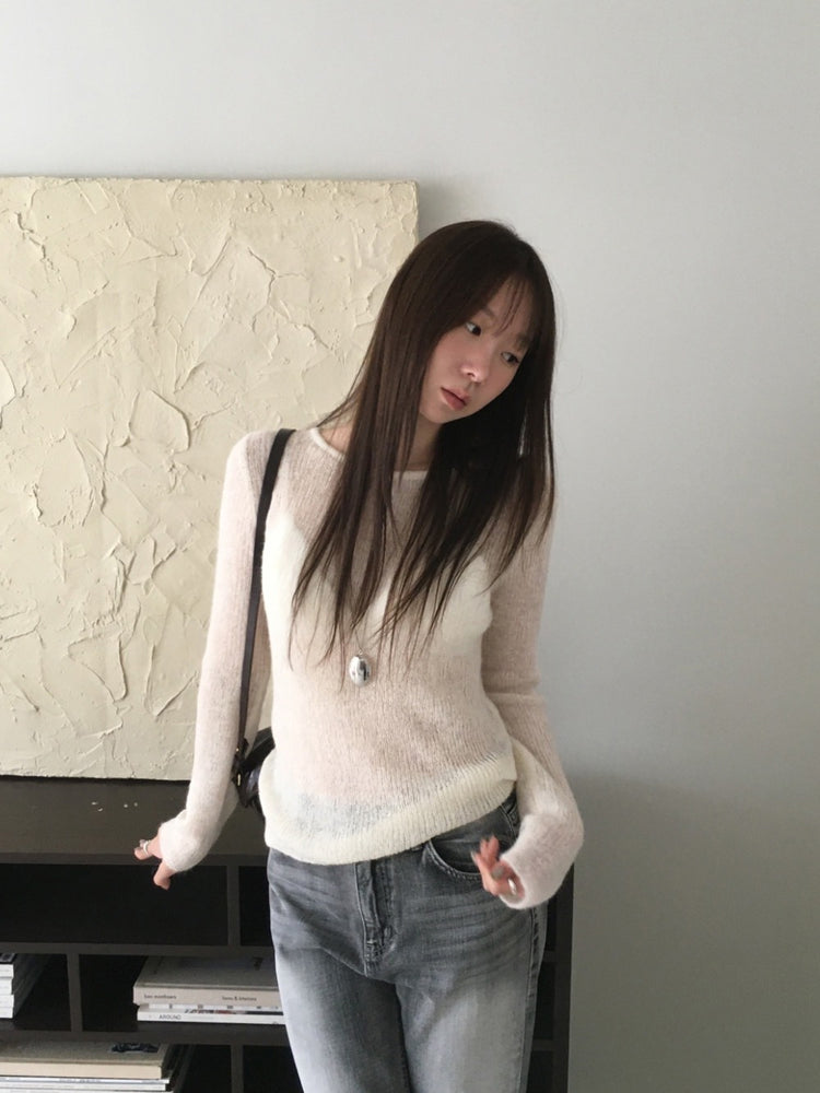 微透膚美色修身針織上衣