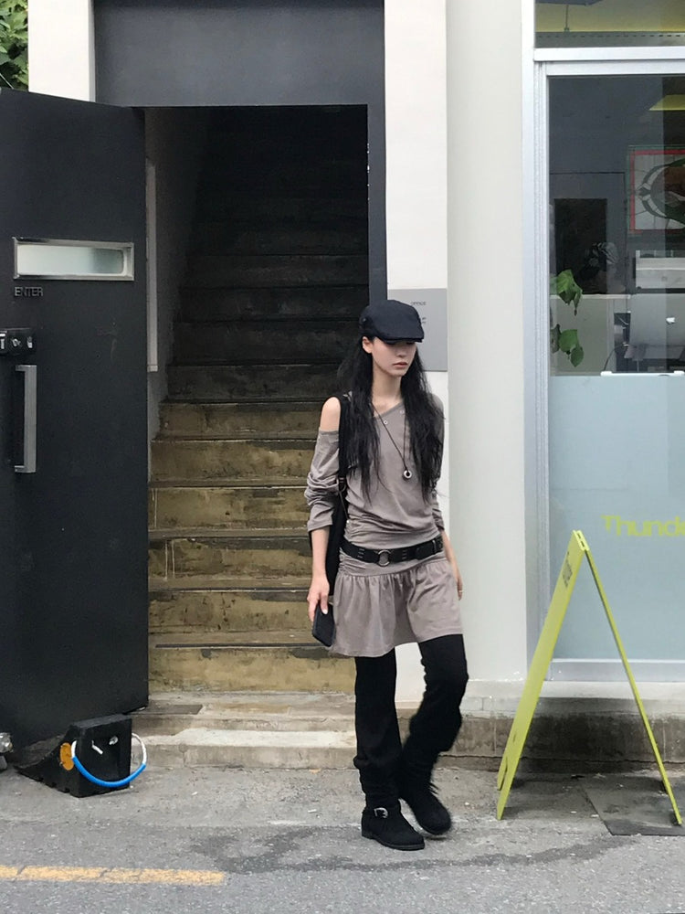 鉚釘扣細節美肩抓皺修腰連身裙