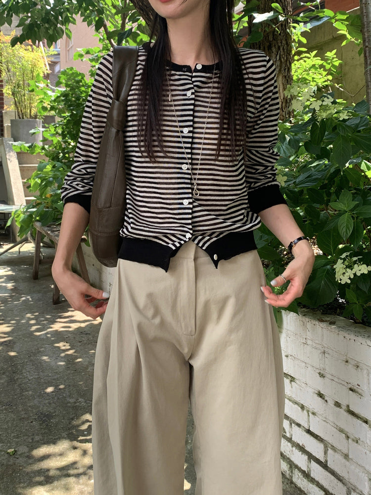 微透條紋排鈕針織外套