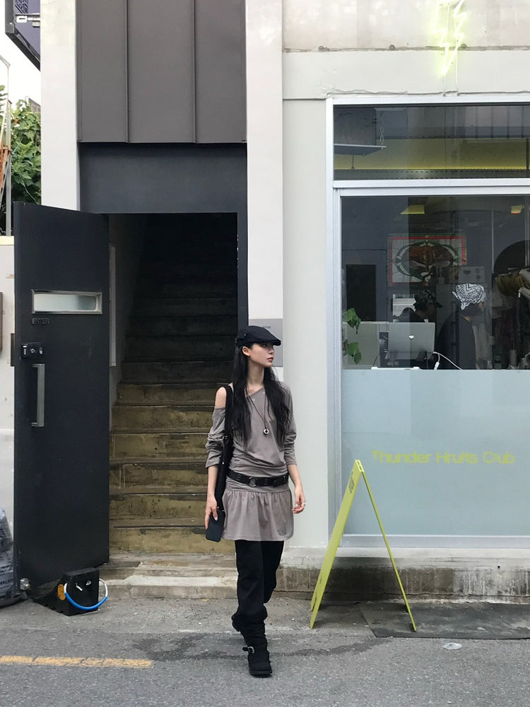 鉚釘扣細節美肩抓皺修腰連身裙