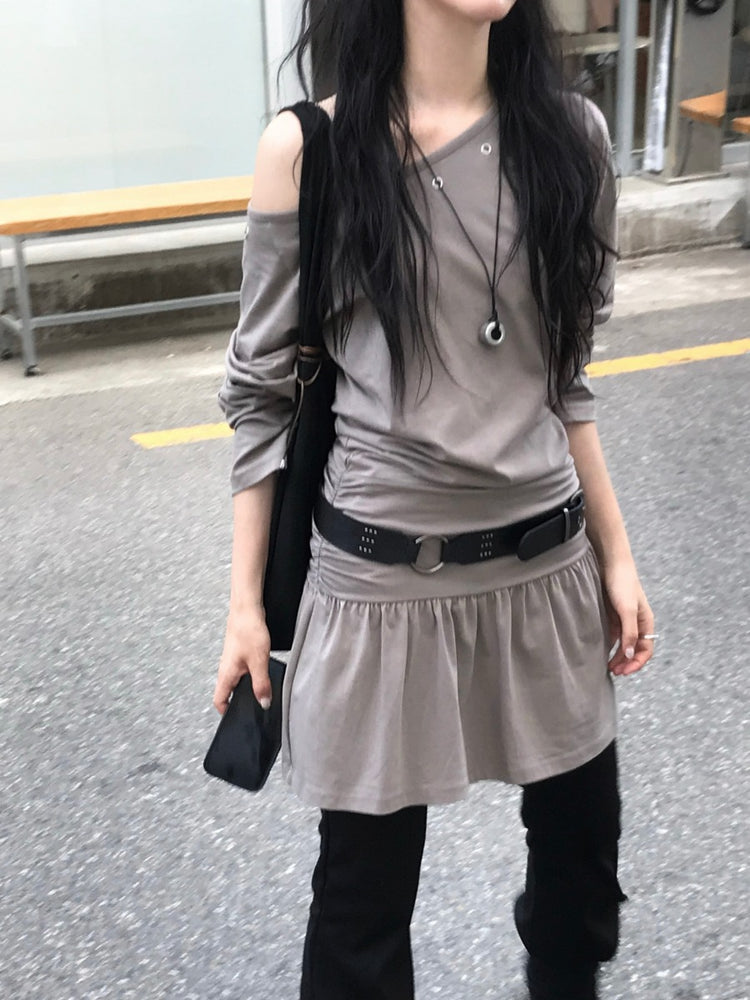 鉚釘扣細節美肩抓皺修腰連身裙