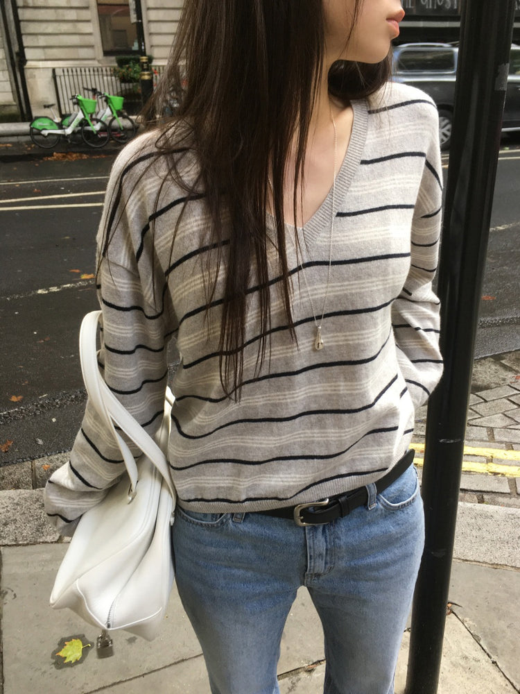 V領條紋撞色針織衫