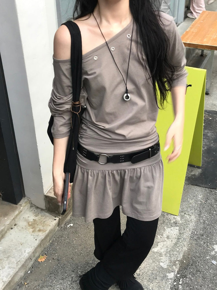 鉚釘扣細節美肩抓皺修腰連身裙