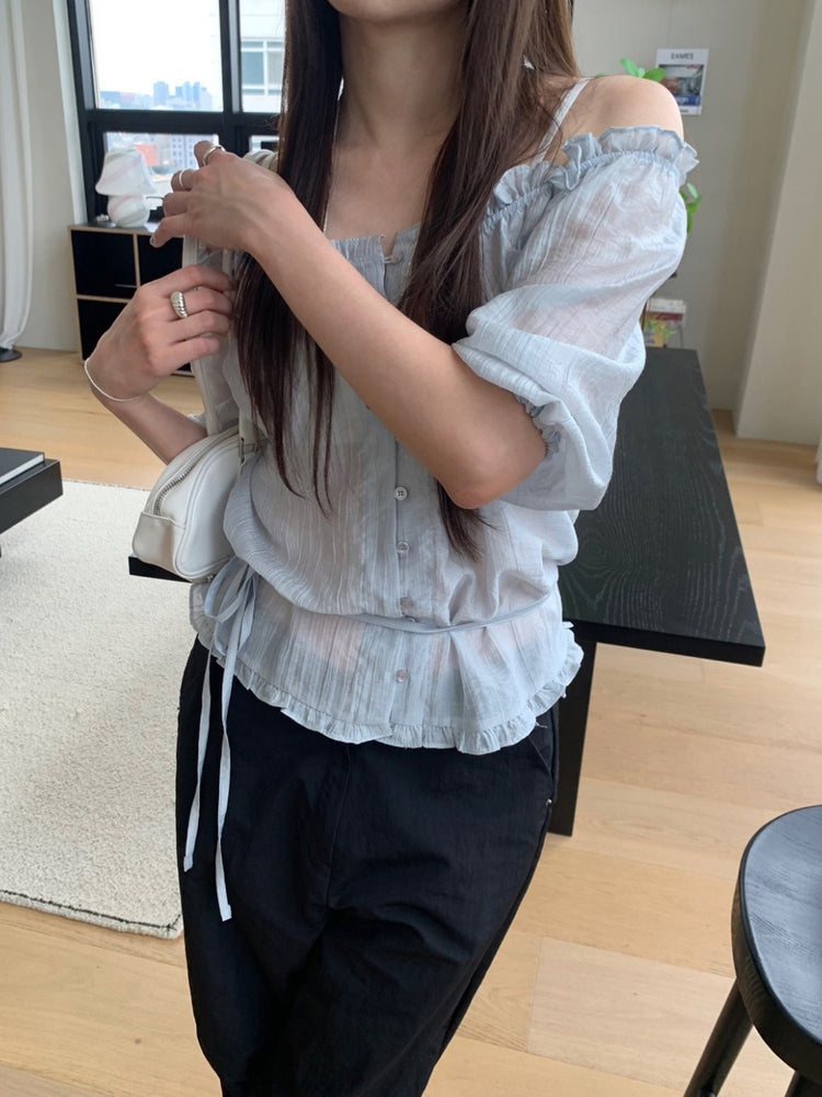 微透膚兩穿綁帶修腰上衣