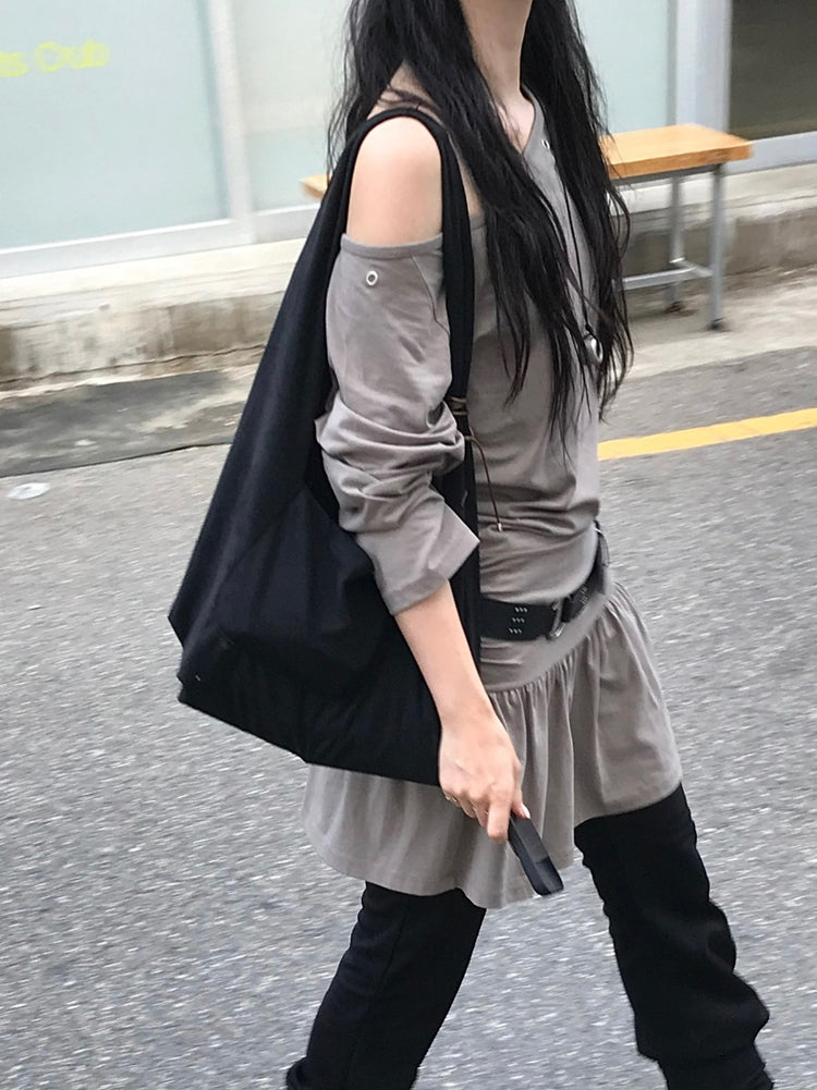 鉚釘扣細節美肩抓皺修腰連身裙