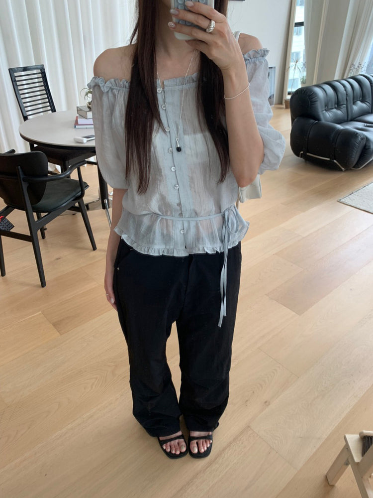 微透膚兩穿綁帶修腰上衣