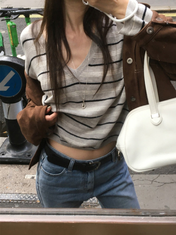 V領條紋撞色針織衫