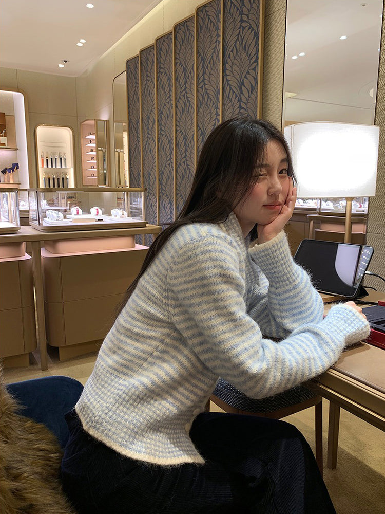 撞色可立領排鈕修腰針織外套