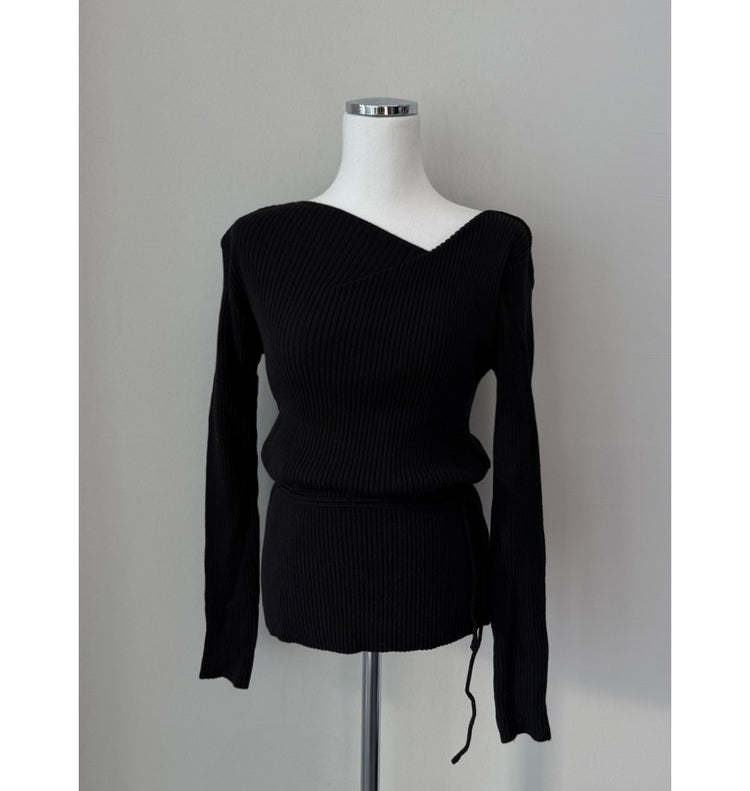 垂領綁帶修腰針織上衣