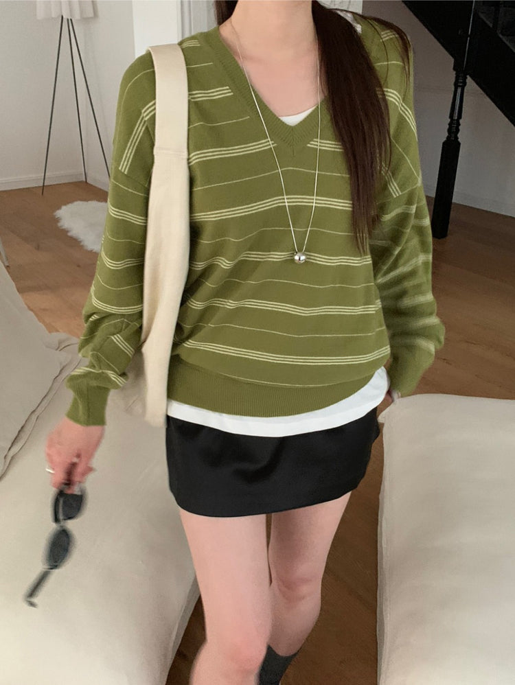美色V領條紋針織衫