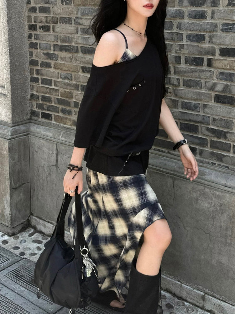 格紋不對稱下擺連身裙