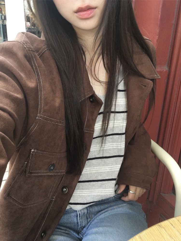 翻領明線細節麂皮外套