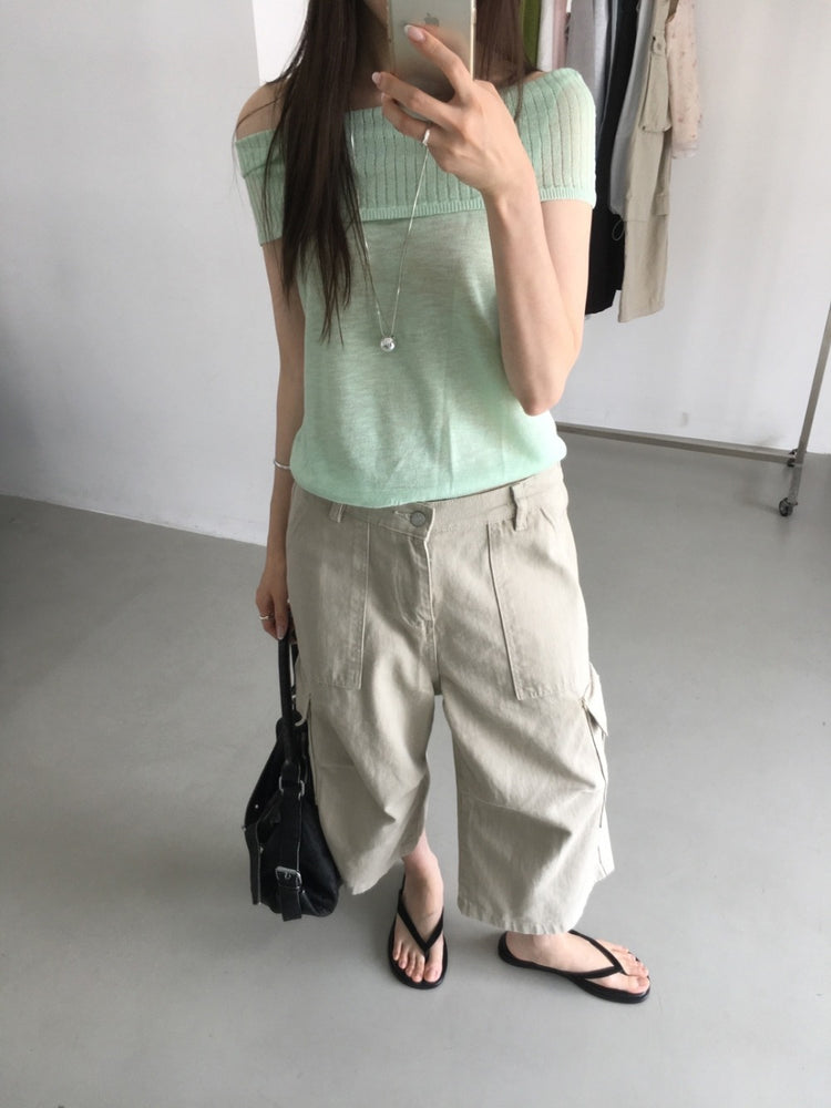 美肩坑紋反折針織上衣
