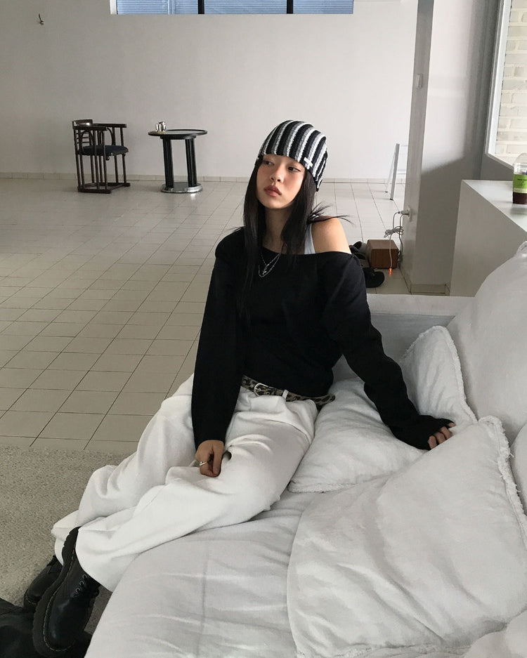 復古條紋撞色針織帽