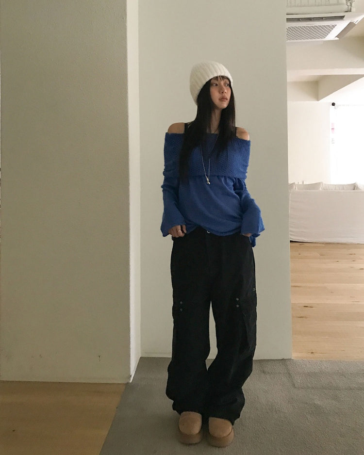 美肩微透紋理細節針織上衣