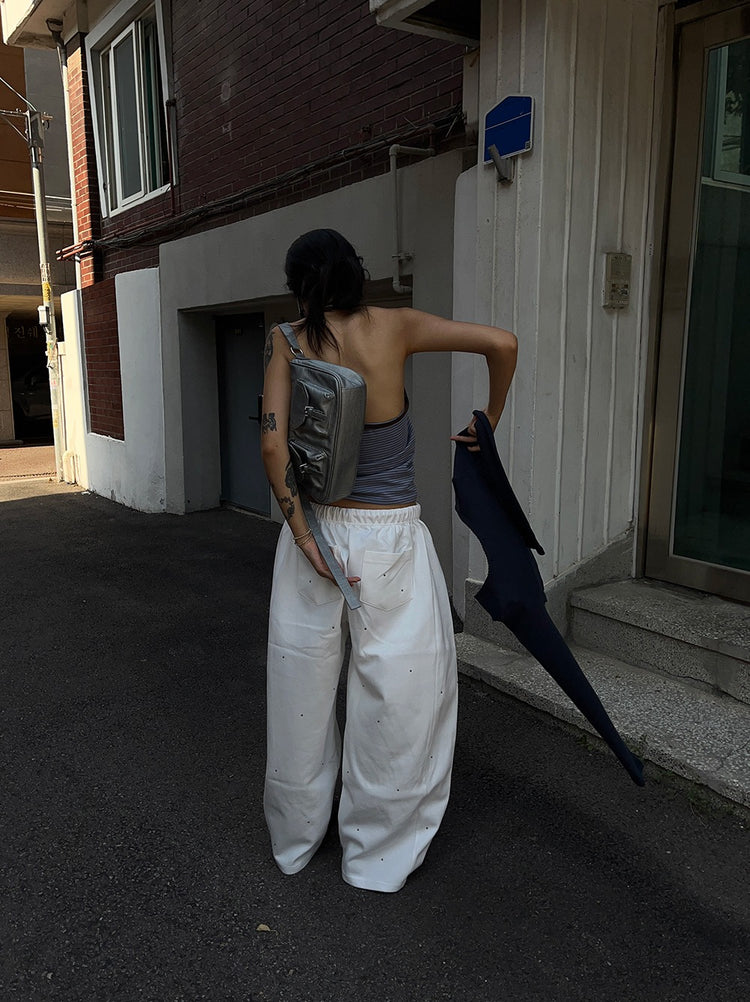 掛脖條紋撞色排鈕上衣