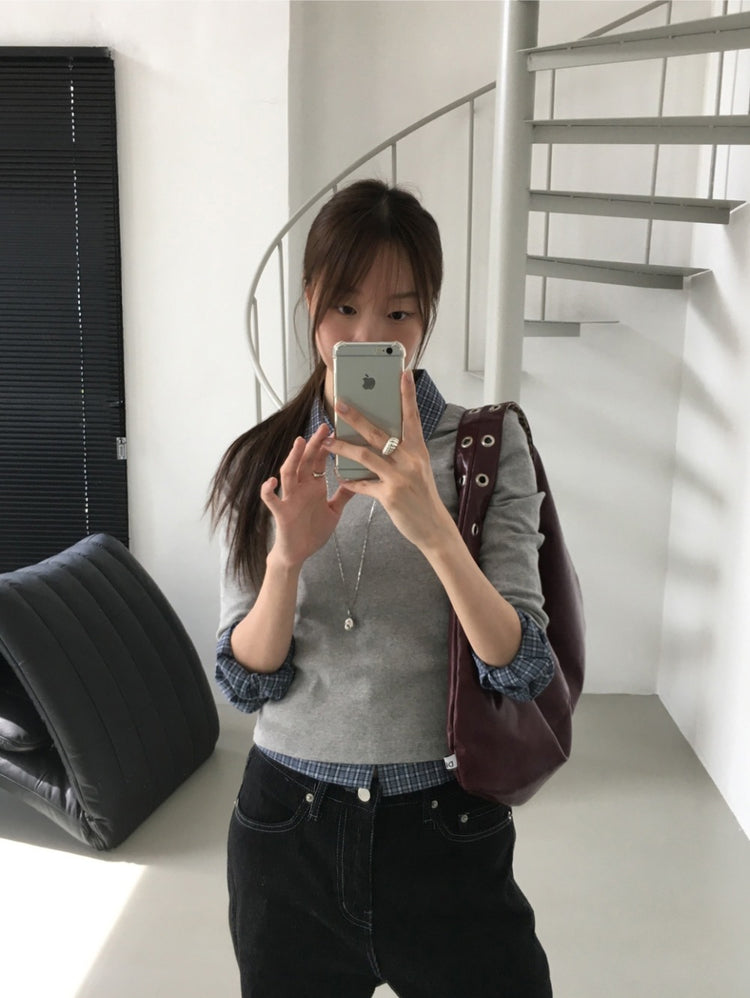 基礎後標籤細節七分袖上衣