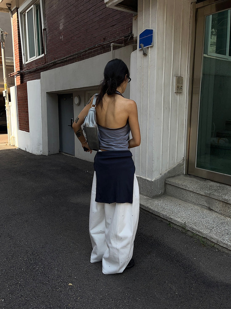 掛脖條紋撞色排鈕上衣