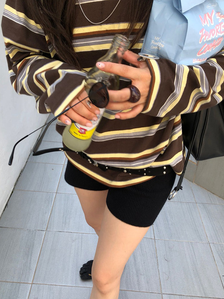 高質設計師品牌美色條紋寬鬆t