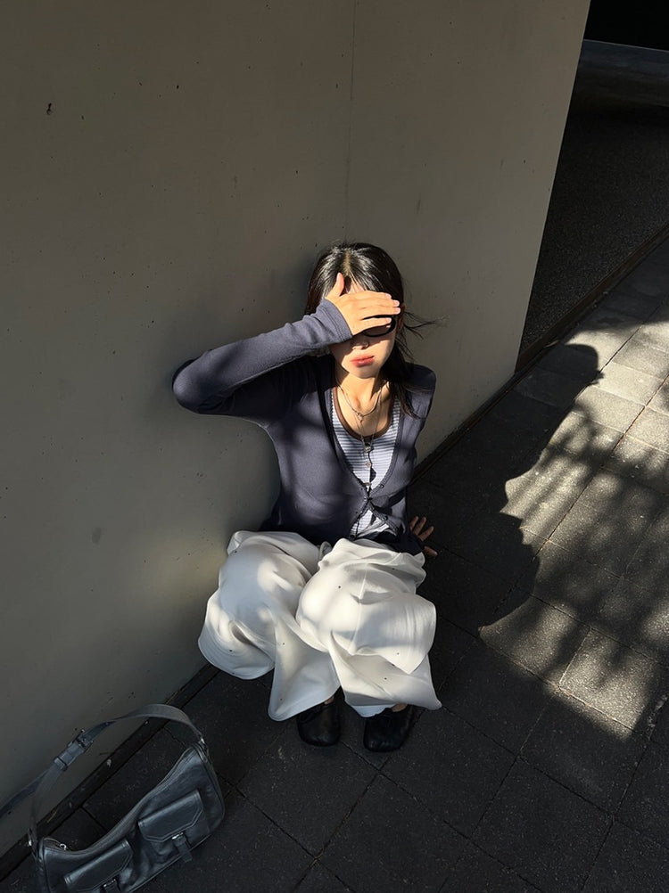 掛脖條紋撞色排鈕上衣