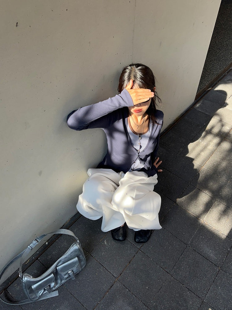 掛脖條紋撞色排鈕上衣
