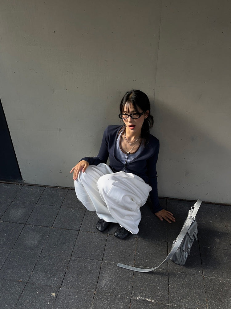 掛脖條紋撞色排鈕上衣