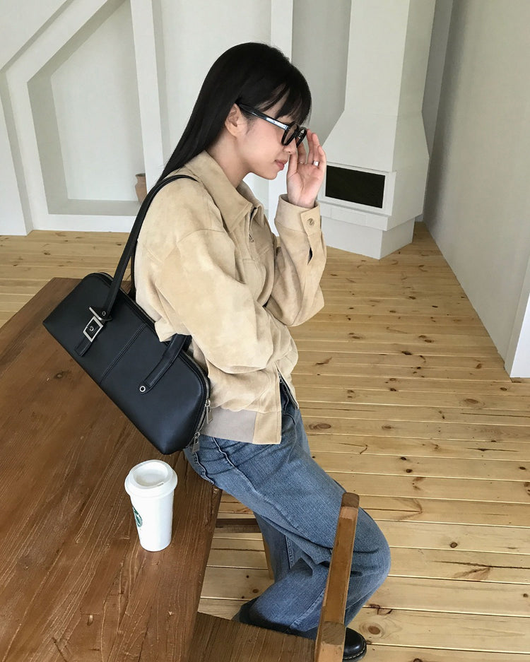 麂皮絨翻領壓線細節外套