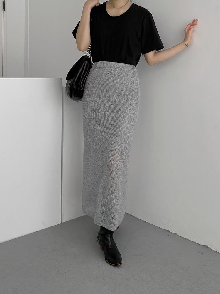 (現)輕薄透膚後開叉半裙