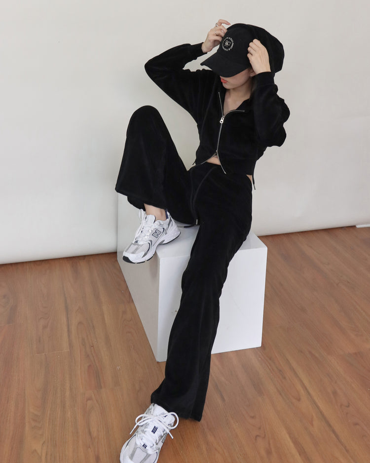 (Fitting)絨面連帽修身休閒套裝-草綠