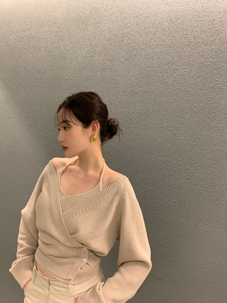 (Fitting)掛脖美肩細節兩件式針織上衣