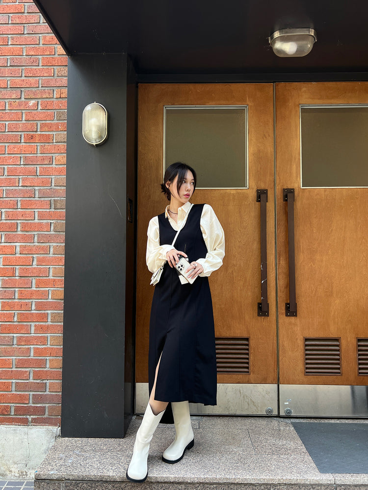 (現)高質不對稱開叉壓線連身裙