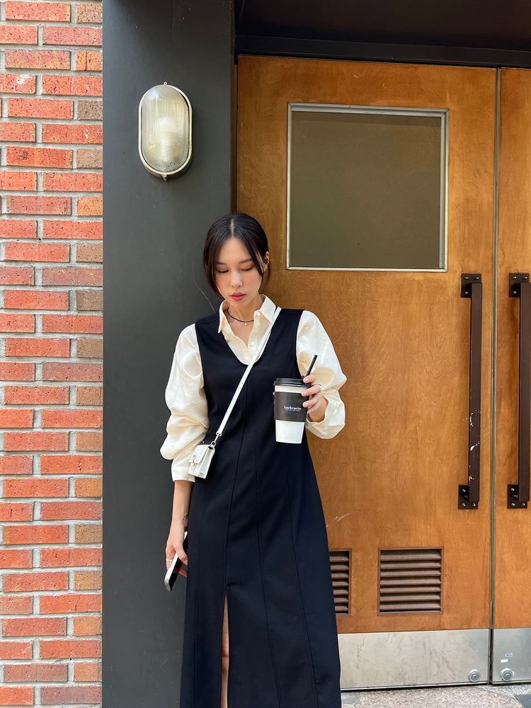 (現)高質不對稱開叉壓線連身裙