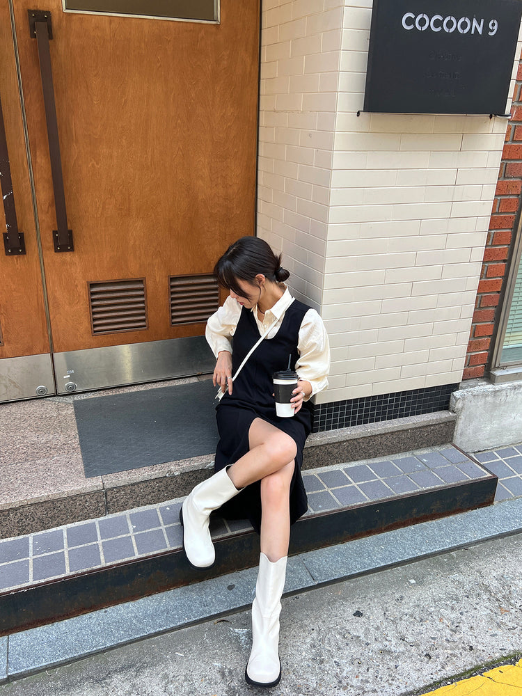 (現)高質不對稱開叉壓線連身裙